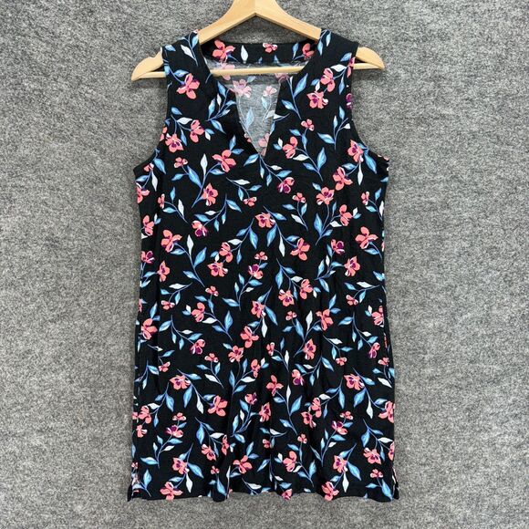 Lands' End Dress Women M Medium Black Floral Shift Short V-Neck Sleeveless - Picture 1 of 7